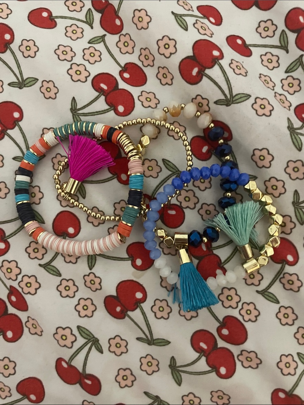 Beaded Tassel Stretch Bracelet Set - Pink, Teal, Blue